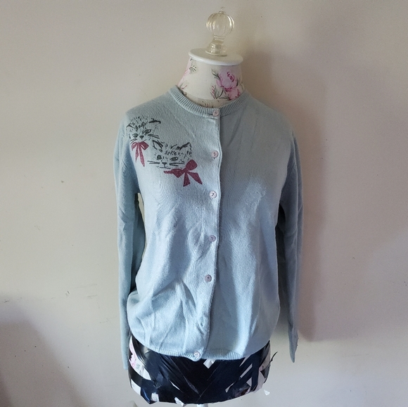 E. C. star blue sweater cardigan kittens vintage - Picture 1 of 4